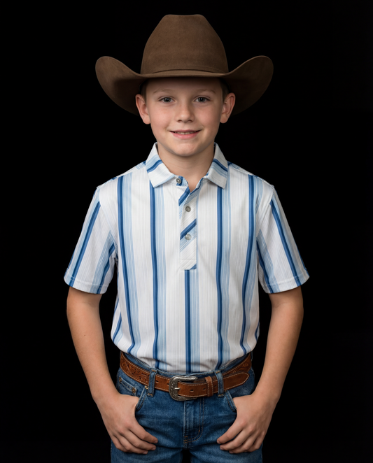 Kid's Tristan Polo in Blue Short Sleeve Pearl Snap Shirt (FINAL SALE)